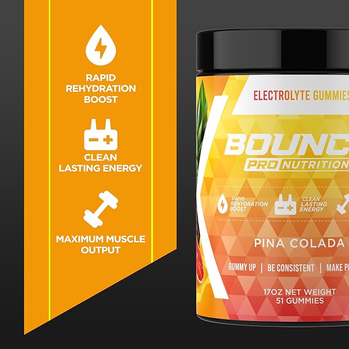 Bounce Pro Hydration Electrolyte Gummies – 51 Vegan Chewable Gummies with Sodium, Potassium & Magnesium for Running, Workouts & Endurance – No Sugar, Caffeine Free Electrolyte Chews, Pina Colada