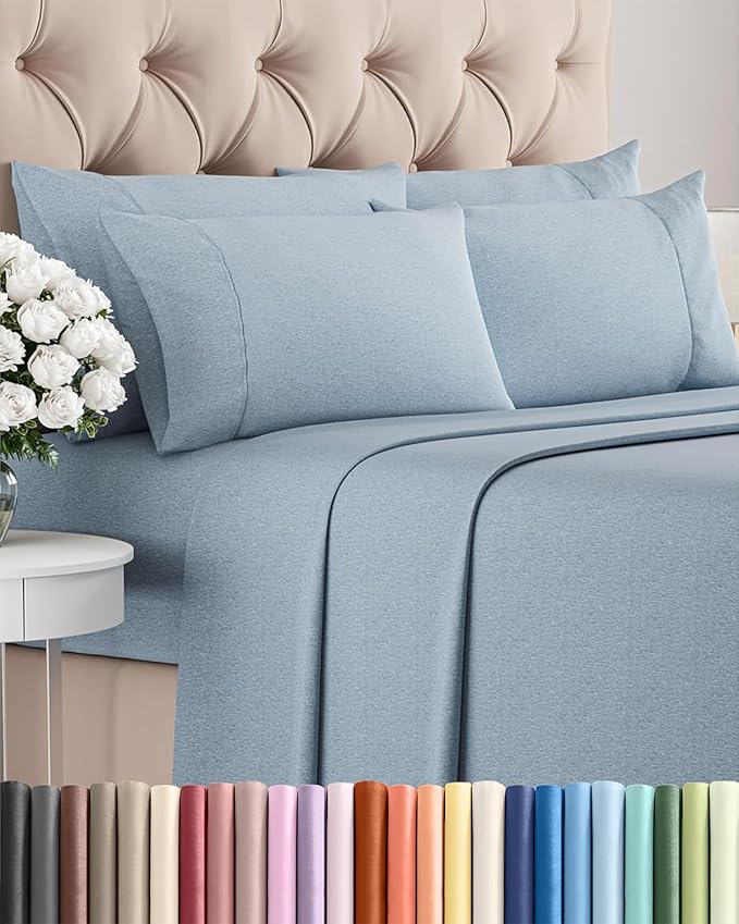 Full 6 Piece Sheet Set - Cooling & Breathable Bed Sheets - Hotel Luxury Bed Sheets for Women, Men, Kids & Teens - Bedding w/Deep Pockets & Easy Fit - Soft & Wrinkle Free - Full Heathered Blue Sheets