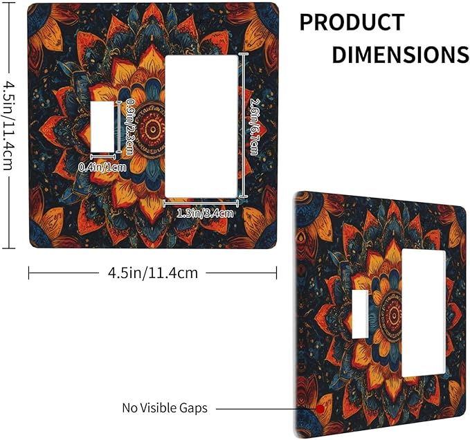 Colorful Oriental Floral Blooming Mandala Flower 2 Gang Combination Light Switch Covers Decorative Toggle Rocker/Decora Wall Plate Electrical Receptacle Switchplate Dimmer Faceplate Bathroom