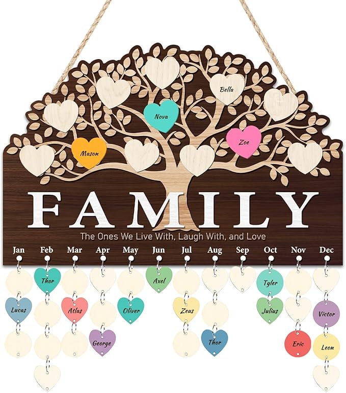 KAlRNE Family Tree Birthday Reminder Board,Family Sign Wooden Plaques,Decorative Birthday Tracker Sign,Anniversary Reminder Board,DIY Calendar Gift for Nana Friend Mother Grandma Lover