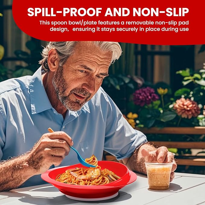 Spill Proof Scoop Plate and Bowl with Non-Skid Suction Base, Adaptive Self-Feeding Dinnerware for Elderly and Disabled(Red)