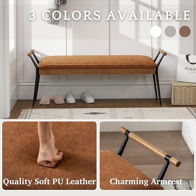 LukeAlon Modern PU Leather Entryway Bench, Upholstered End of Bed Bench with Arms Classic Bedroom Ottoman Bench with Metal Legs Elegant Footstool for Entrance Living Room, Brown