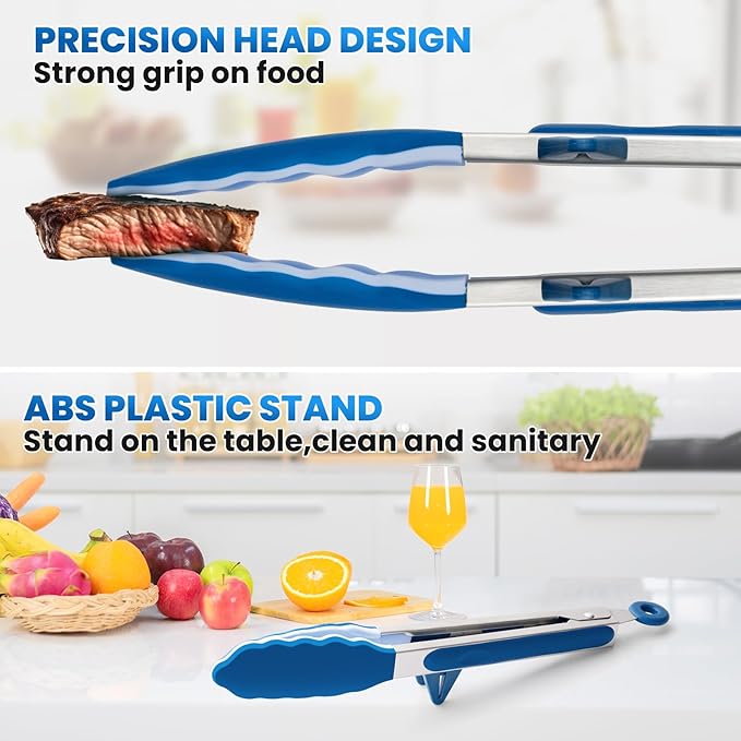 5-Pack Silicone Tongs for Cooking,Maywe Tanso 4PCS 13-Inch Kitchen Tongs with Silicone Tips,Nonstick Stainless Steel Tong for Steak Pie Pizza Pasta Spaghetti Salad BBQ Buffet,Plus Brush