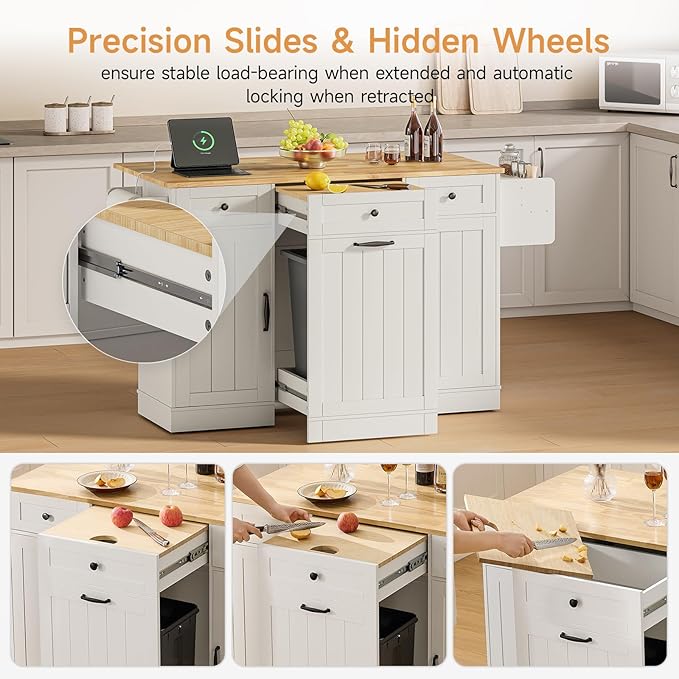 ONBRILL 61" Kitchen Islands with Movable Wood Cutting Board & Trash Storage Cabinets, Rolling Island Cart with Drop Leaf & Power Outlet, Dining Table with Spice & Towel Rack & Knife Holder, White