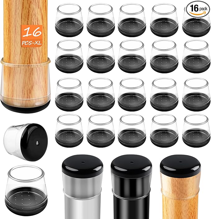 16pcs Chair Leg Protectors for Carpet, Round Chair Feet Glides Covers Caps Kitchen Table Foot Sliders with Plastic Pads Damage-Free Move on Carpets (Fit:1-1/2"~1-3/4", Black Bottom)