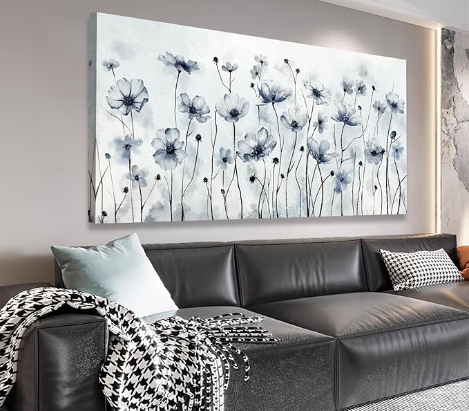 VEAEE Framed Flowers Canvas Wall Art - Indigo Floral Canvas Pictures, Living Room Wall Decor, Botanical Canvas Prints Painting Abstract Artwork Bedroom Office Home Decor 20"x 40"