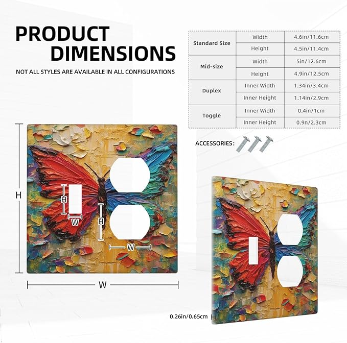 Wallplates Colorful Butterfly Animal Insects Wall Art Abstract 1 Toggle 1 Duplex Switch Plate Electrical GFCI Faceplate Decorative Light Switch Covers for Bedroom Home Decor