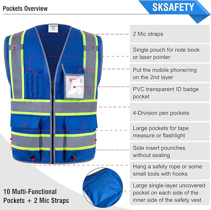 SKSAFETY 10 Pockets Safety Vest, Class 2 High Visibility Security with Zipper, Hi Vis Vest with Reflective Strips, ANSI/ISEA Standard, Construction Work Vest for Men ＆ Women （Blue, L）