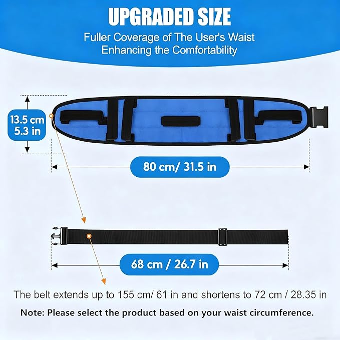 Rhino Valley Gait Belt 2 Pack with 7 Handles - Anti-Slip Transfer Belt for Seniors & Elderly Care, Adjustable Patient Lift Safety Belt for Home & Hospital Use, Blue & Black