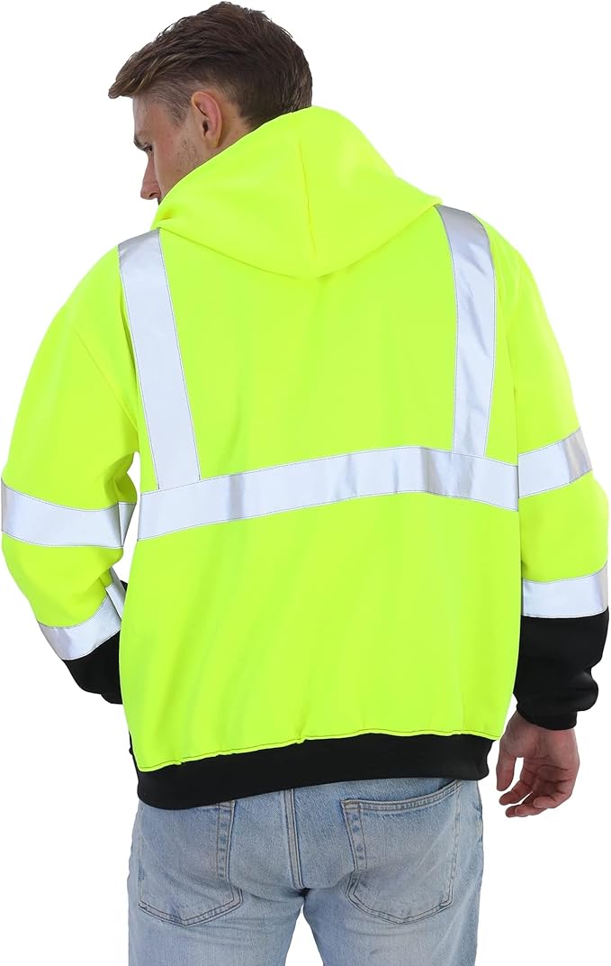 sesafety Class 3 Hi-Vis Hoodie for Men, Reflective Safety Sweatshirt, Black High Visibility Hooded Pullover