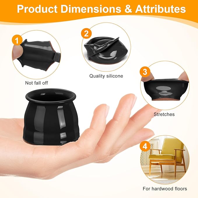 CHUNZEXI 24 Pack Chair Leg Floor Protectors for Hardwood Floors, Silicone Felt Covers Pads Caps, Protect Wood Furniture Feet Floors Noise Reduce and Scratch (Universal Large & Black)