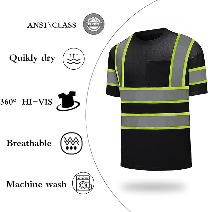 High Visibility Shirts Quick Dry Safety T Shirts with Reflective Strips and Pocket Short Sleeve Mesh Hi Vis Construction Work Class 2 Shirt for Men/Women Black,5XL
