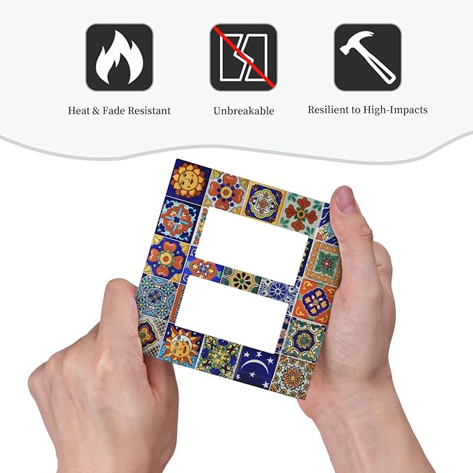 Decorative Outlet Covers Mid Century Talavera Shaped Tiles 2 Gang Double GFCI Rocker Electrical Wall Panels Light Switch Cover Plate for Bedroom Bathroom Decor
