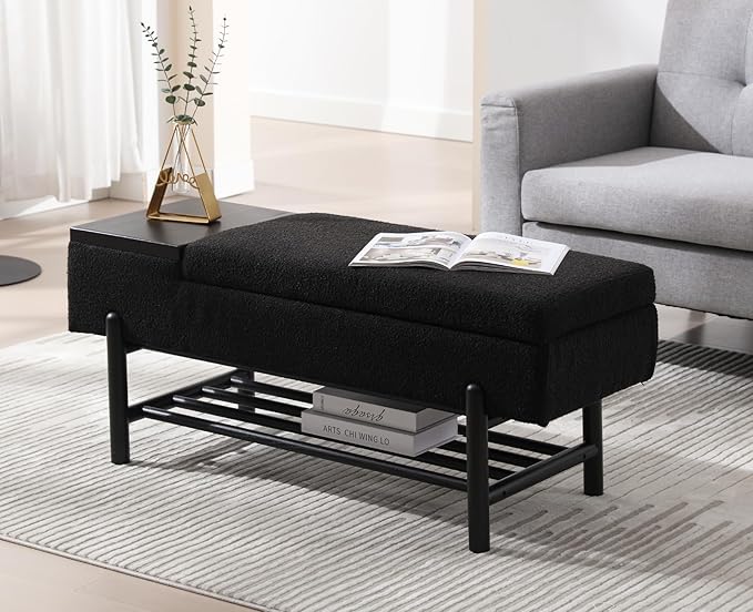 EALSON Modern Storage Bench for Bedroom End of Bed Sherpa Ottoman Bench with Storage Upholstered Entryway Bench with Wood Shoe Rack Farmhouse Long Seating Bench for Hallway/Foyer, Black