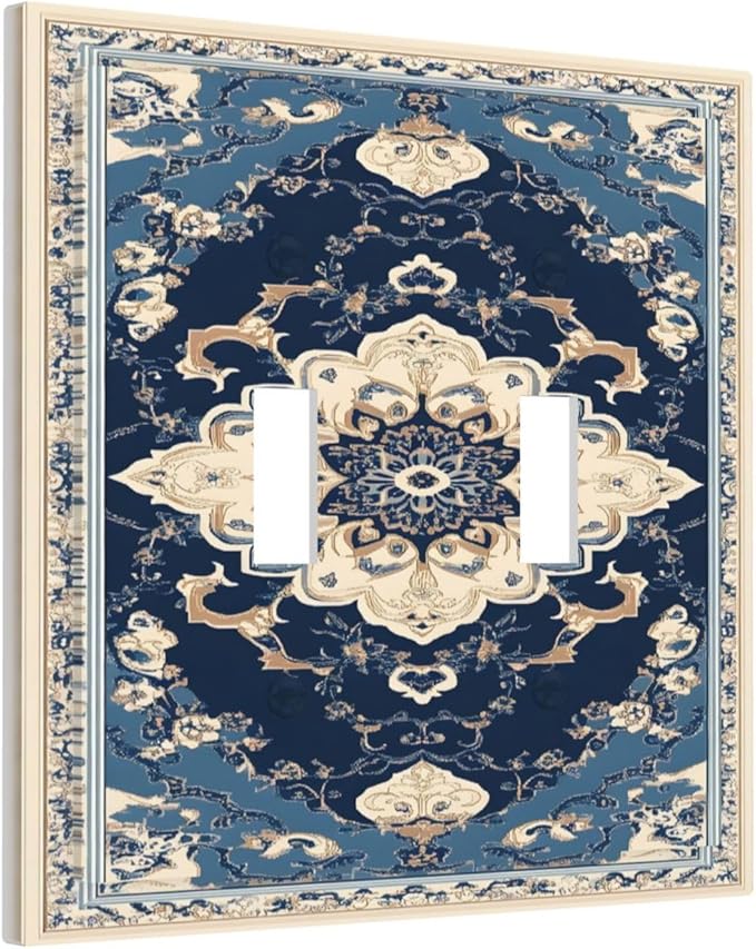 Decorative Light Switch Cover Plate Boho Beige Navy Blue Medallion 2 Gang Switch Plate Covers Double Toggle Wall Plate Dual Device Faceplate for Country Bathroom Bedroom Decor