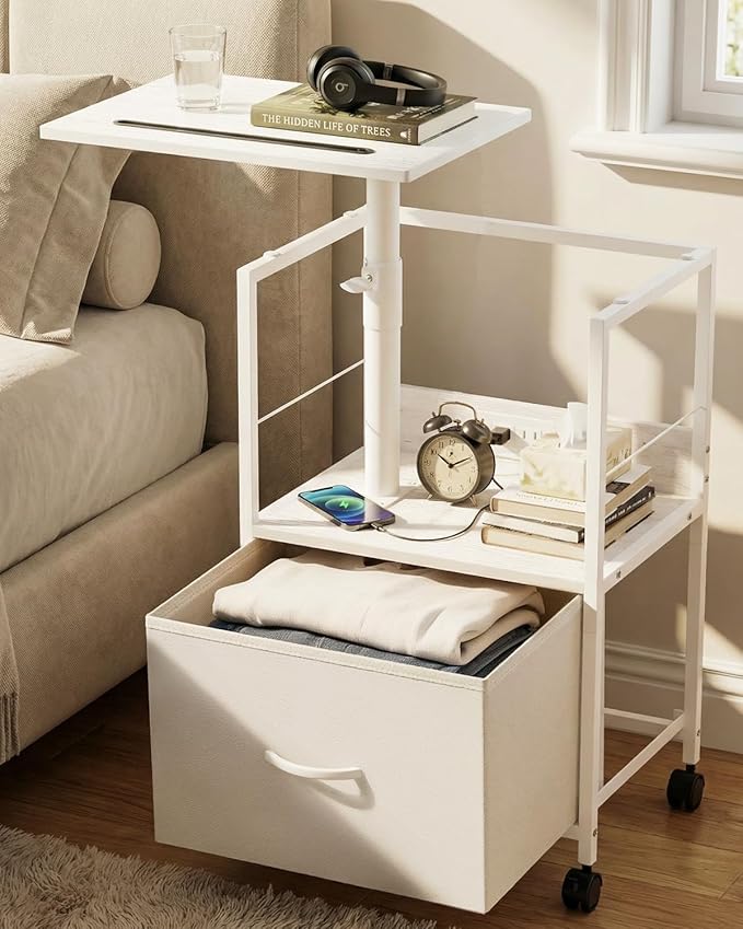 Swivel Lift Top Nightstand with Charging Station, 2-Tier 360° Adjustable Bedside Table, Rolling Night Stand with Wheels, Small End Table with Fabric Drawer, for Bedroom, Living Room, White