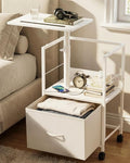 Swivel Lift Top Nightstand with Charging Station, 2-Tier 360° Adjustable Bedside Table, Rolling Night Stand with Wheels, Small End Table with Fabric Drawer, for Bedroom, Living Room, White