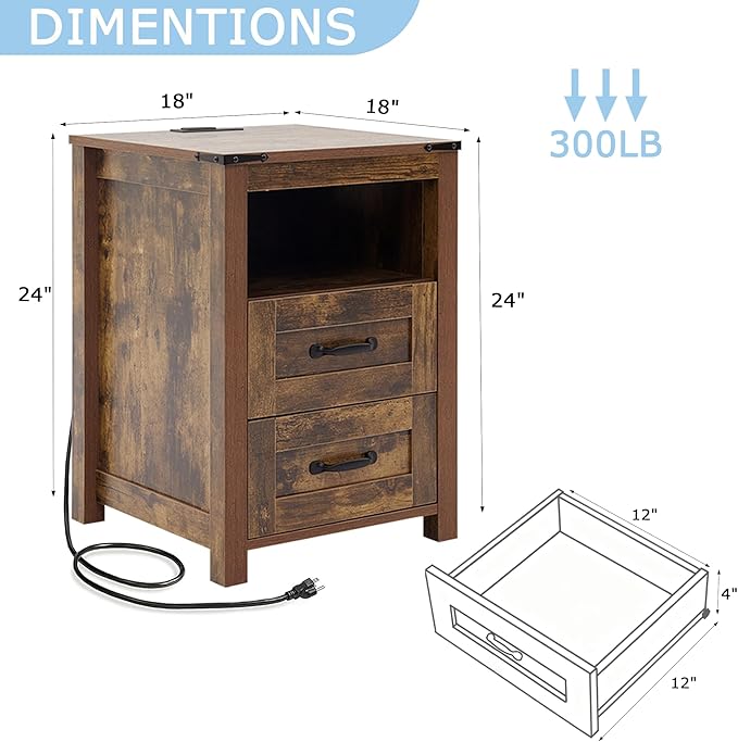 Brown Night Stand Set of 2, Rustic End Table with Charging Station, Farmhouse Tall Nightstand for Bedroom, Drawer Dresser Bedside Table with Open Storage Shelf