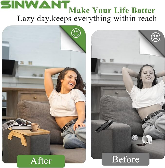 SINWANT Couch Arm Table Tray, Bamboo Sofa Arm Clip on Side Tables, Foldable Arm Rest Table for Home, Couch Arm Tray for Small Spaces Drink Eating Dinner