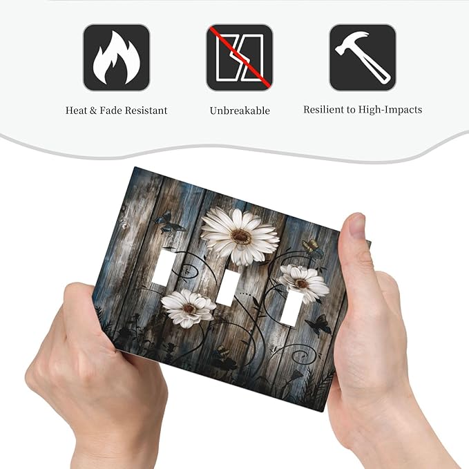 Rustic Wood Background Floral Butterfly Daisy Decorative Switch Plates 3 Gang Wall Plate Triple Toggle Light Switch Cover Faceplate Electrical Wall Panels for Farmhouse Bedroom Decor