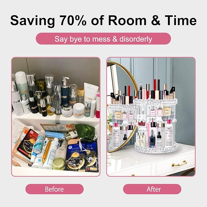 V-HANVER 360 Rotating Makeup Organizer Perfume Organizer Clear Cosmetic Storage Display Case Large Capacity Acrylic Beauty Holder Adjustable Partition Height for Bedroom Dresser or Bathroom Vanity