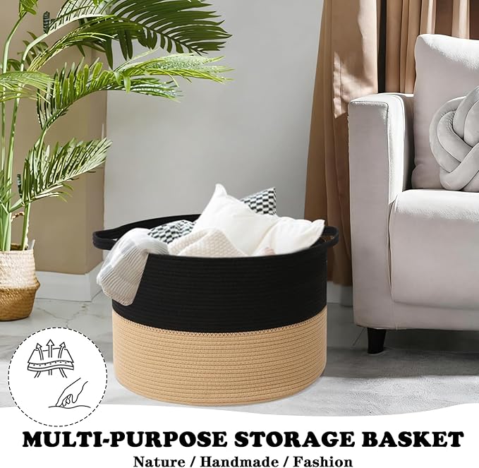 Large Storage Basket with Handle,23.6" x 23.6" x 15.7" Blanket Basket Storage Bins for Organizing,65L Cotton Rope Woven Baskets for Living Room, Nursery ,Bedroom,Black&Camel