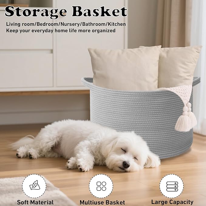 Large Storage Basket with Handle,19.7" L x 19.7" W x 13" H Blanket Basket Storage Bins for Organizing,65L Cotton Rope Woven Baskets for Living Room, Nursery ,Bedroom,Light Gry