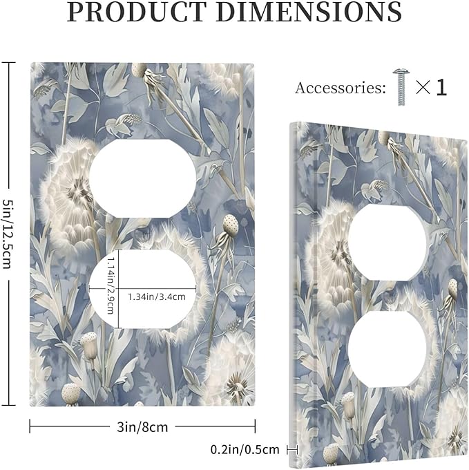 Blue Dandelion Vintage Floral Boho Flower Outlet Covers 1 Gang Duplex Light Switch Cover Decorative Switch Plates Electrical Receptacle Faceplate Wall Plate for Bedroom Living Room Home Decor