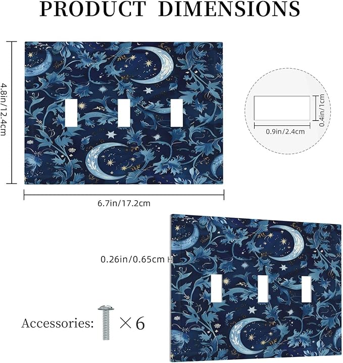 Decorative Switch Plates Vintage Moon And Flowers Decor Floral William Morris 3 Gang Wall Plate Triple Toggle Light Switch Cover Faceplate Electrical Wall Panels for Bedroom Kids room Decor