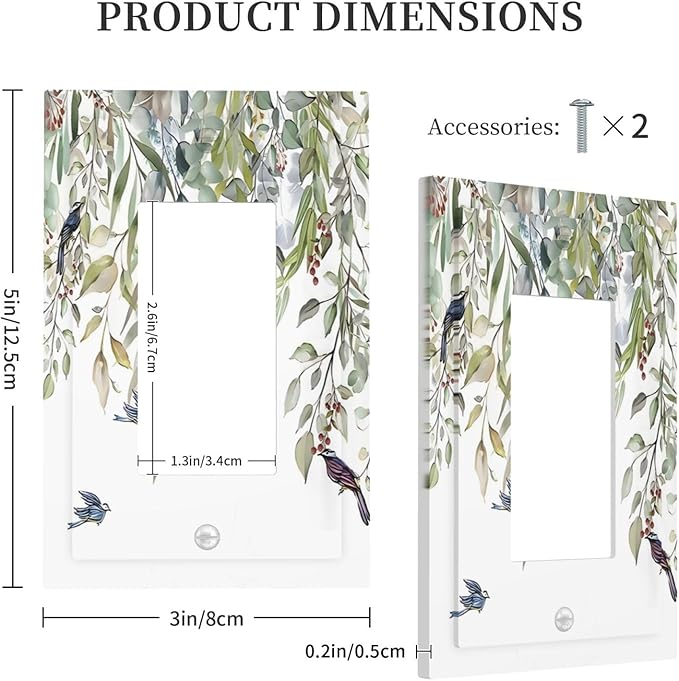 Green Leaf Eucalyptus Leaves Floral Bird Butterfly Decorative Outlet Covers 1 Gang Single Rocker Light Switch Cover Plate Wall Plates GFCI Faceplate for Bed Room Living Room Decor