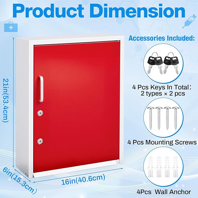 Zonon Locking Medication Cabinet with Document Pocket, Metal Wall Mounted Medication Cabinet with Dual Keys and Lock(Red,21 x 16 x 6 Inch,Right Angle)