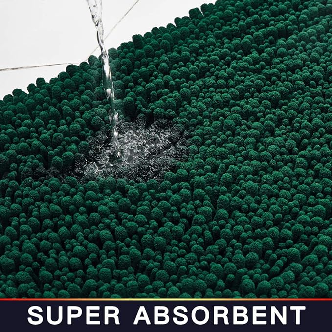 Walensee Bathroom Rug 2 Pieces Set Non Slip Bath Mat (20"x32" Plus 20"x24" U Hunter Green) Water Absorbent Super Soft Shaggy Chenille Machine Washable Dry Extra Thick Perfect Carpet for Shower Floor