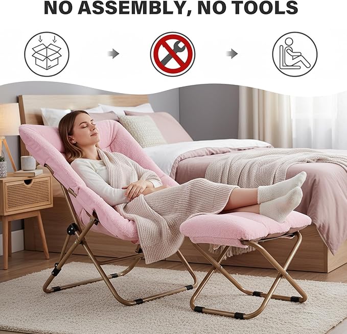 Tiita Folded Chair with Straight Ottoman, Soft Faux Fur Oversized Folding Accent Chair,Lounge Lazy Chair, Metal Frame Moon Chair for Bedroom, Living Room, Dorm Rooms, Garden and Courtyard, Pink