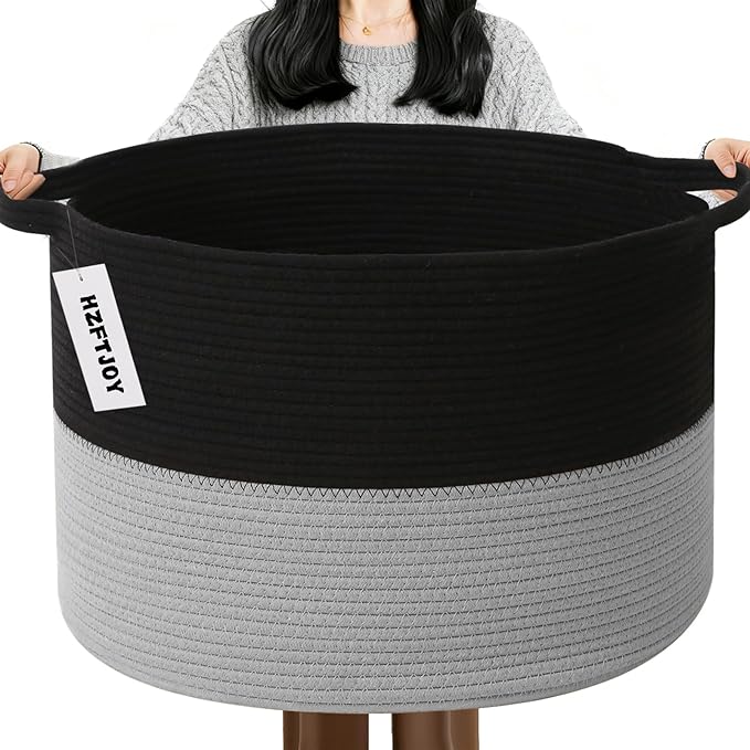 Large Storage Basket with Handle,19.7"x 19.7"x 13" Blanket Basket Storage Bins for Organizing,65L Cotton Rope Woven Baskets for Living Room, Nursery ,Bedroom,Black&Light Grey