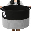 Large Storage Basket with Handle,23.6" x 23.6" x 15.7" Blanket Basket Storage Bins for Organizing,65L Cotton Rope Woven Baskets for Living Room, Nursery ,Bedroom,Black&Light Grey