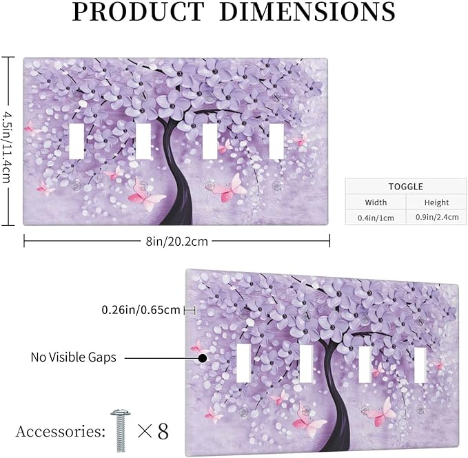 Light Switch Cover 3D Purple Tree 4 Gang Switch Plate Quad Toggle Wall Plates Decorative Switchplate Electrical Outlet Cover Plates for Bathroom Bedroom Decor