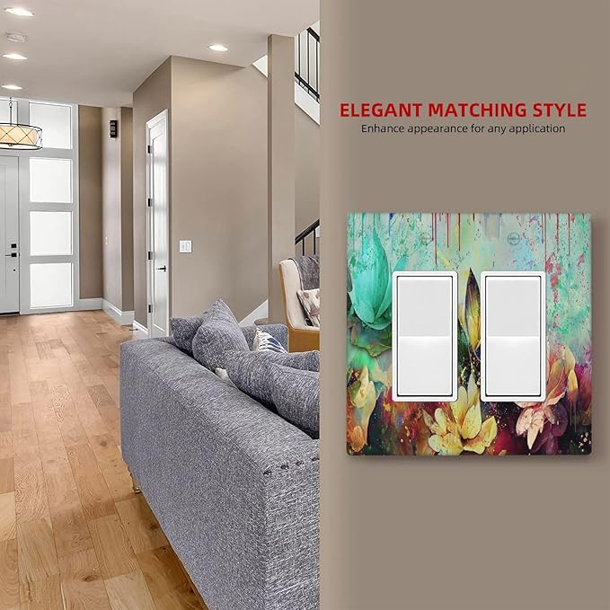 Outlet Covers Watercolor Flower Colorful Floral 2 Gang Wall Plate Double Rocker Light Switch Cover Decorative GFCI Receptacle Cover Electrical Switchplate for Bathroom Bedroom Decor