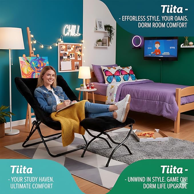 Tiita Folded Chair with Ottoman, Soft Faux Fur Oversized Folding Accent Chair,Lounge Lazy Chair, Metal Frame Moon Chair for Bedroom, Living Room, Dorm Rooms, Garden and Courtyard