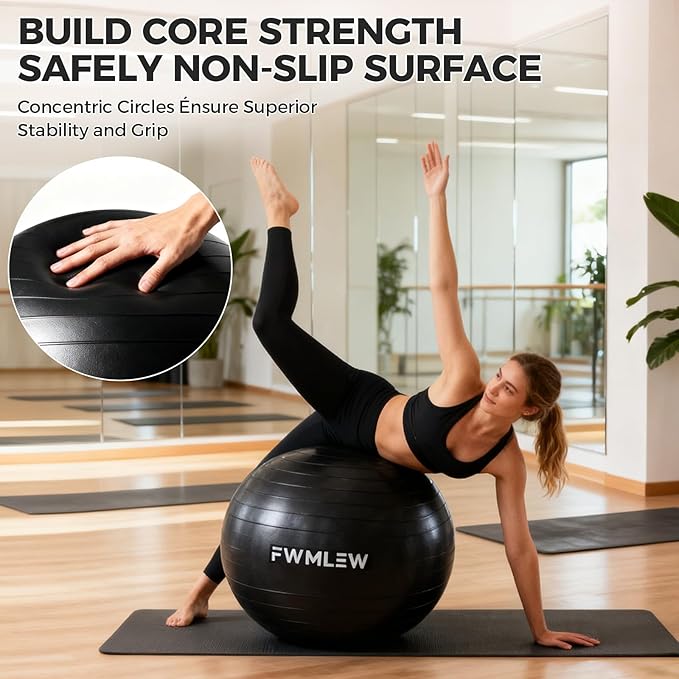 Extra Thick Exercise Yoga Ball, 5-Size Anti-Burst Heavy Duty Stability Gym Ball for Fitness, Core Workout, Pregnancy & Office Chair, Includes Quick Pump