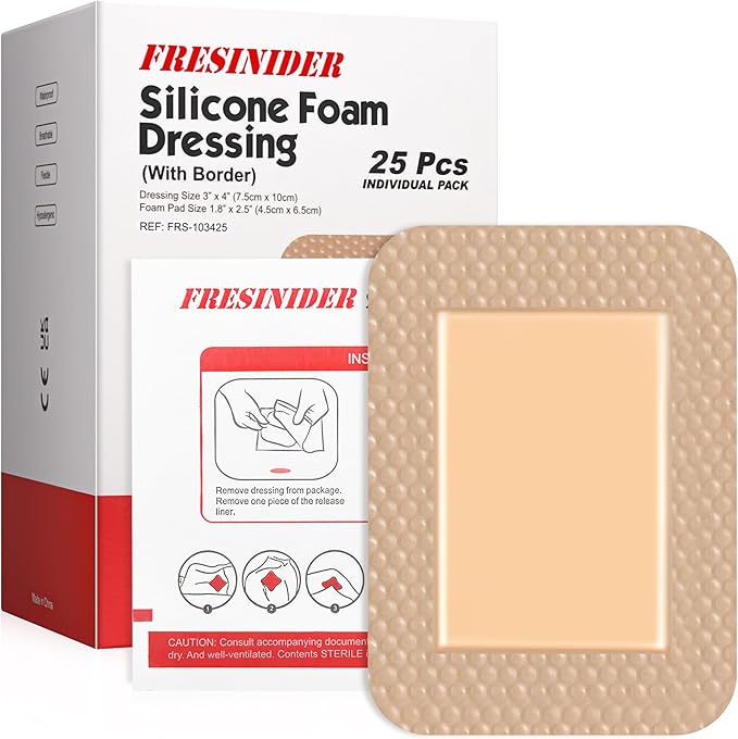 FRESINIDER Silicone Foam Dressing 3" x 4", 25 Pack – Value Pack Silicone Border Dressing for Pressure Sores, Post-Op Wounds & Daily Care – Breathable, Absorbent & Gentle on Skin