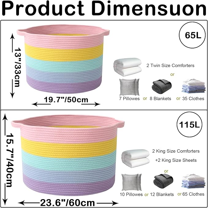 Large Storage Basket with Handle,23.6" x 23.6" x 15.7" Blanket Basket Storage Bins for Organizing,65L Cotton Rope Woven Baskets for Living Room, Nursery ,Bedroom,Colorful