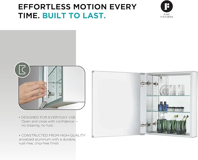 Fine Fixtures Bathroom Medicine Cabinet, Aluminum, Recessed/Surface Mount, 24" x 24", Right/Left Hinged, Mirrored Interior