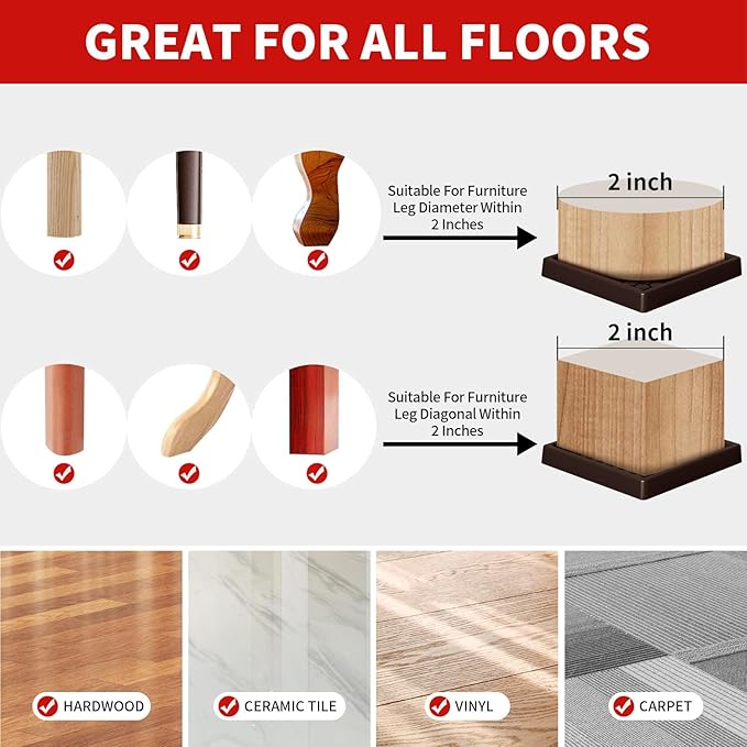 Ezprotekt Non Slip Furniture Pads, 16 Pcs 2" Anti Slip Rubber Caster Cups, Anti Skid Furniture Coasters for Hardwood Floors, No Slide Furniture Gripper, Furniture Stoppers to Prevent Sliding (Brown)