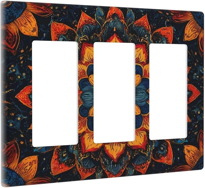 Colorful Oriental Floral Blooming Mandala Flower Triple Rocker Outlet Covers Decorative 3 Gang Wall Plate Gfci Light Switch Covers Electrical Receptacle Switchplate Plug Faceplate Bathroom
