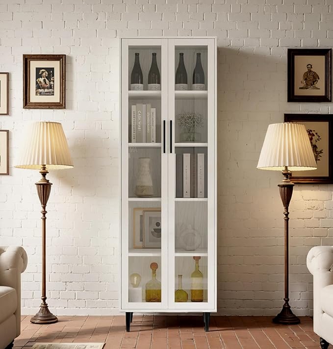 TUSY 70.9“ H Bookshelf with Glass Doors, 5-Tier Display Curio Cabinet with Drawers, Narrow Display Bookcase for Home, Office, Clinic, Pantry (White, C)
