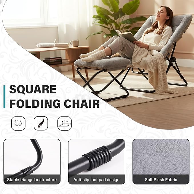Tiita Folded Chair with Straight Ottoman, Soft Faux Fur Oversized Folding Accent Chair,Lounge Lazy Chair, Metal Frame Moon Chair for Bedroom, Living Room, Dorm Rooms, Garden and Courtyard, Grey