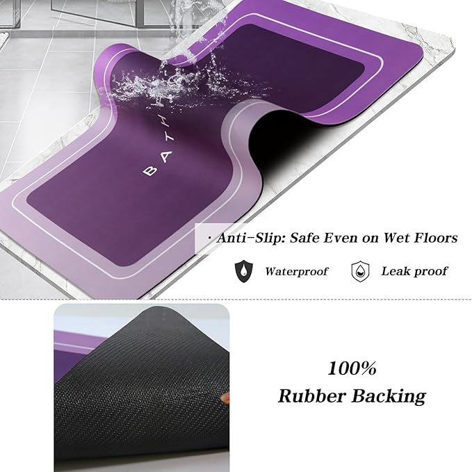 Bath Mat, Super Absorbent Non Slip Quick Dry Thin Rubber Mats for Bathroom Floor, Fit Under Door, Shower Rug for Bathtub, Shower, Purple