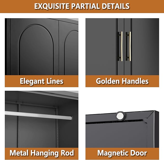 Metal Armoire Wardrobe Closet, 86 Inch Tall Freestanding Wardrobe Cabinet with Hanging Rod, Bedroom Armoires with Doors, 18" D x 32" W x 86" H, Black, Assemble Required, Shipped in Two Packages