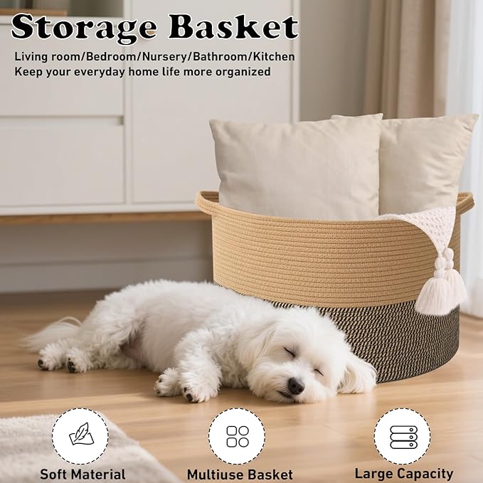 Large Storage Basket with Handle,23.6" x 23.6" x 15.7" Blanket Basket Storage Bins for Organizing,65L Cotton Rope Woven Baskets for Living Room, Nursery,Bedroom,Jute&Black