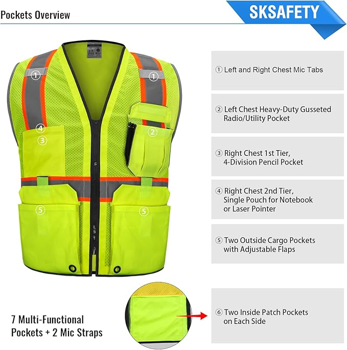 SKSAFETY 10 Pockets Professional level Safety Vest, Class 2 High Visibility Security Vest with Zipper, Hi Vis Vest with Reflective Strips, ANSI/ISEA Standard, Construction Work Vest（Lime, L）